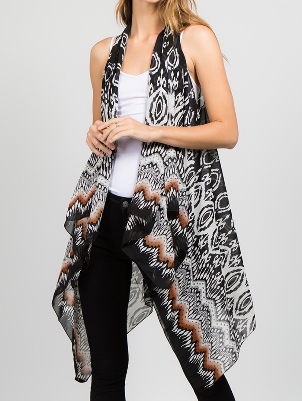 Scarfand Sheer Ikat Tribal Duster Vest Longline Sleeveless Cardigan Shrug OS